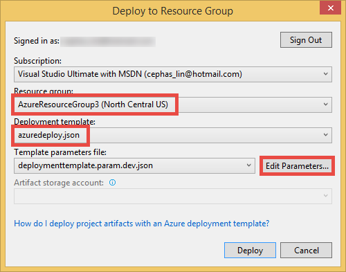 Shows how to edit the parameters in the azuredeploy.json file.