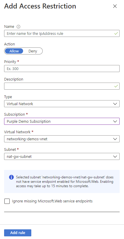 Screenshot of the 'Add Restriction' pane with the Virtual Network type selected.