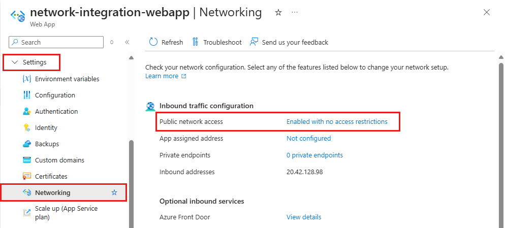 Screenshot of the App Service networking options page in the Azure portal.