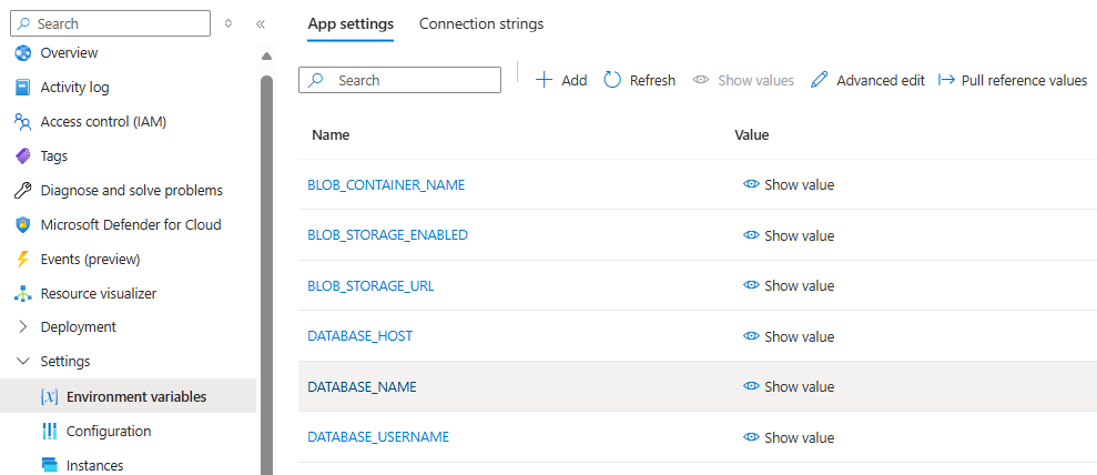 Screenshot der Datenbankanwendungseinstellungen.