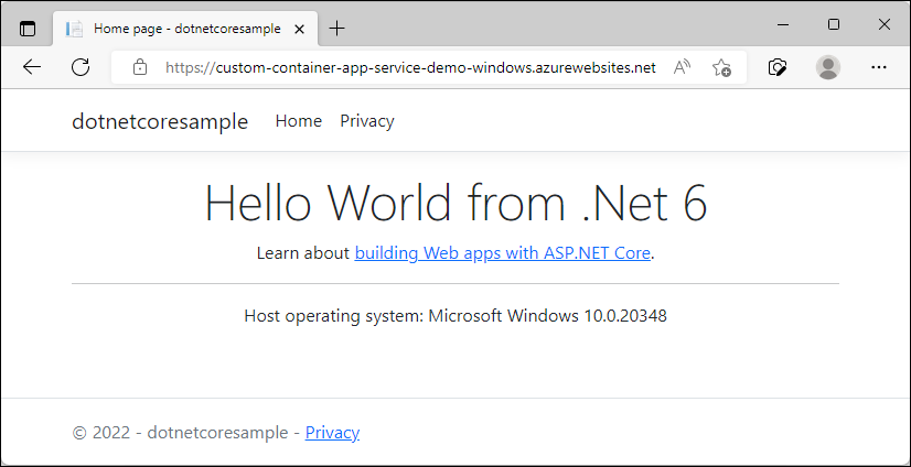 Screenshot: Windows App Service mit Nachricht, das Container ohne verfügbar gemachten Port im Hintergrundmodus ausgeführt werden.