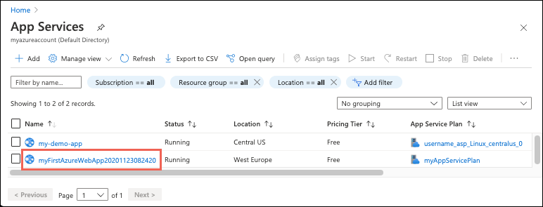 Screenshot des Azure-Portals: Seite „App Services“ mit einer ausgewählten Beispiel-Web-App.
