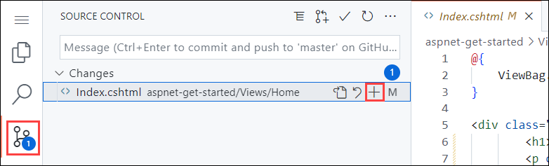 Screenshot von Visual Studio Code im Browser mit Hervorhebung der Navigation für die Quellcodeverwaltung auf der Randleiste und Hervorhebung der Schaltfläche „Änderungen bereitstellen“ im Panel „Quellcodeverwaltung“.
