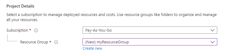 Screenshot: Abschnitt „Projektdetails“, der zeigt, wo Sie das Azure-Abonnement und die Ressourcengruppe für die Web-App auswählen