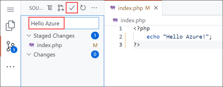 Screenshot von Visual Studio Code im Browser, Panel „Quellcodeverwaltung“ mit der Commitnachricht „Hello Azure“ und der hervorgehobenen Schaltfläche „Commit und Push“.