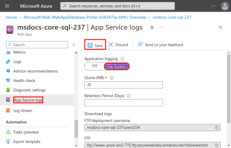 Screenshot: wie native Protokolle in App Service im Azure-Portal aktiviert werden.