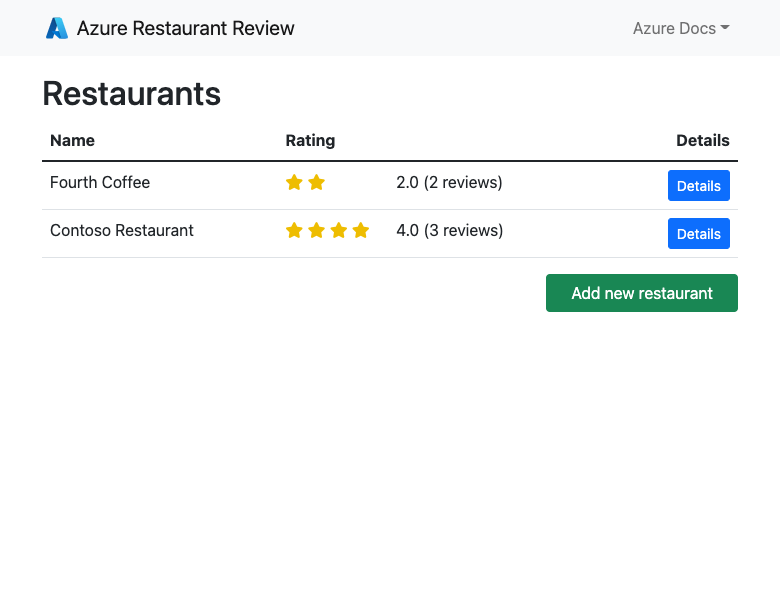 Ein Screenshot der Flask-Web-App mit PostgreSQL, die in Azure ausgeführt wird und Restaurants und Restaurantbewertungen anzeigt.