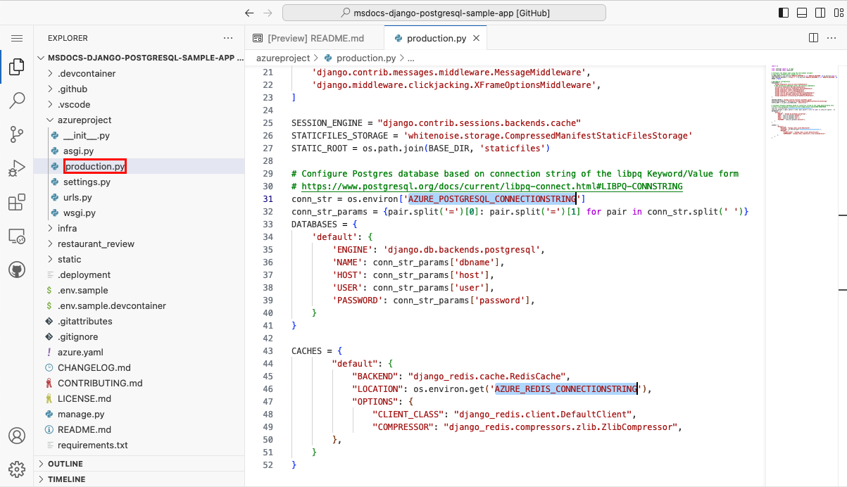Screenshot von Visual Studio Code im Browser mit einer geöffneten Datei (Django).