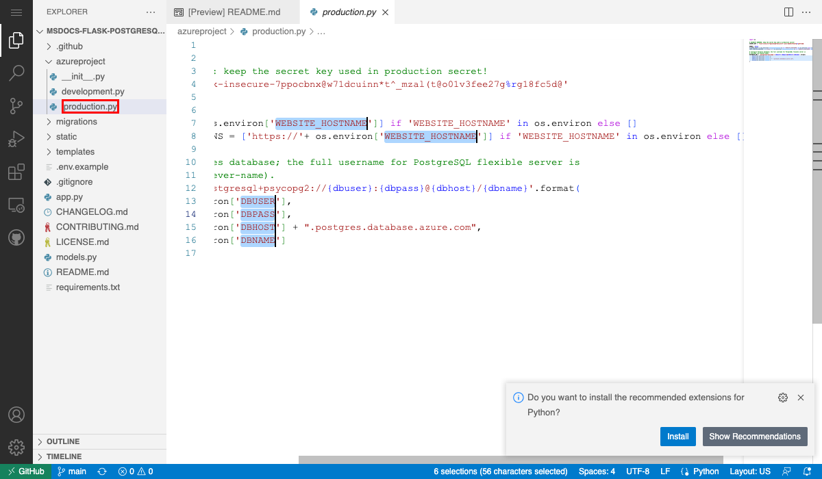 Screenshot von Visual Studio Code im Browser mit einer geöffneten Datei (Flask).