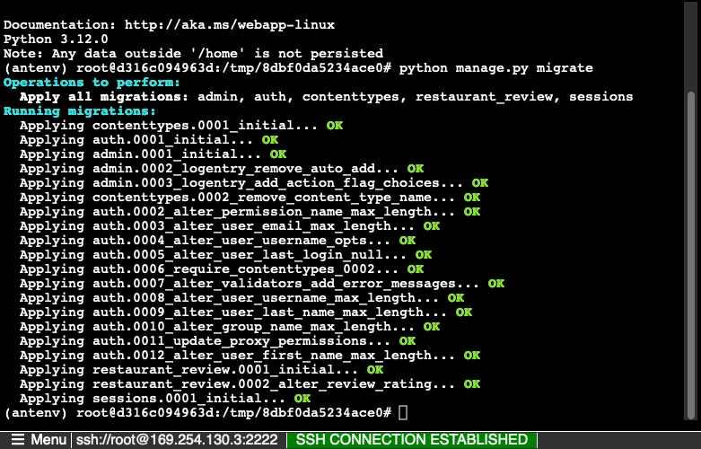 Screenshot der Befehle zum Ausführen in der SSH-Shell mit ihren Ausgaben (Django).