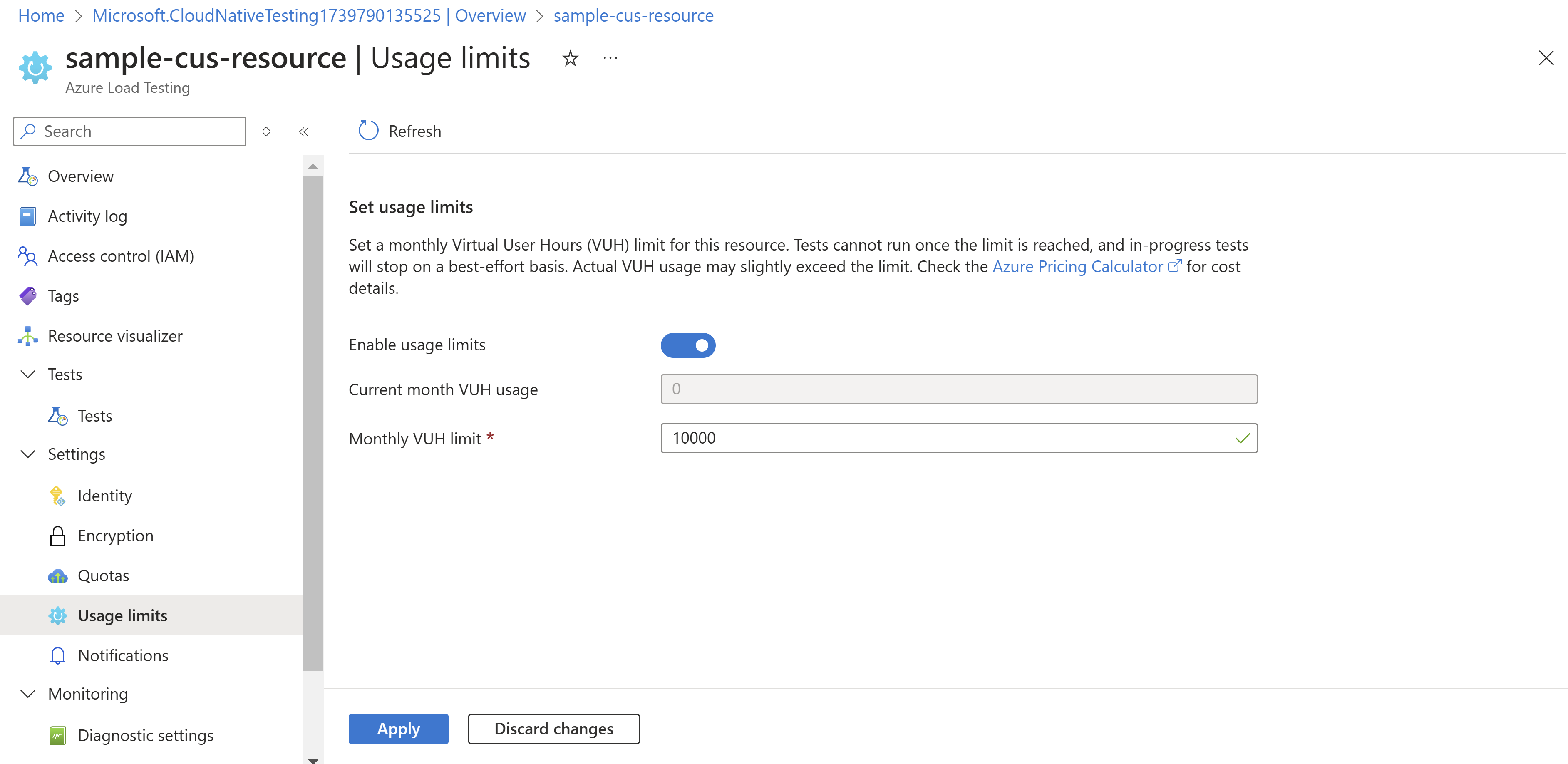 Screenshot, der zeigt, wie Nutzungsbeschränkungen für eine Azure Load Testing-Ressource aktiviert werden.