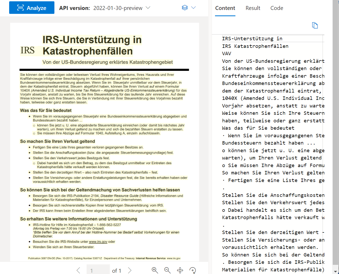 Screenshot eines Beispieldokuments, das mithilfe der Lese-API von Dokument Intelligenz Studio verarbeitet wurde
