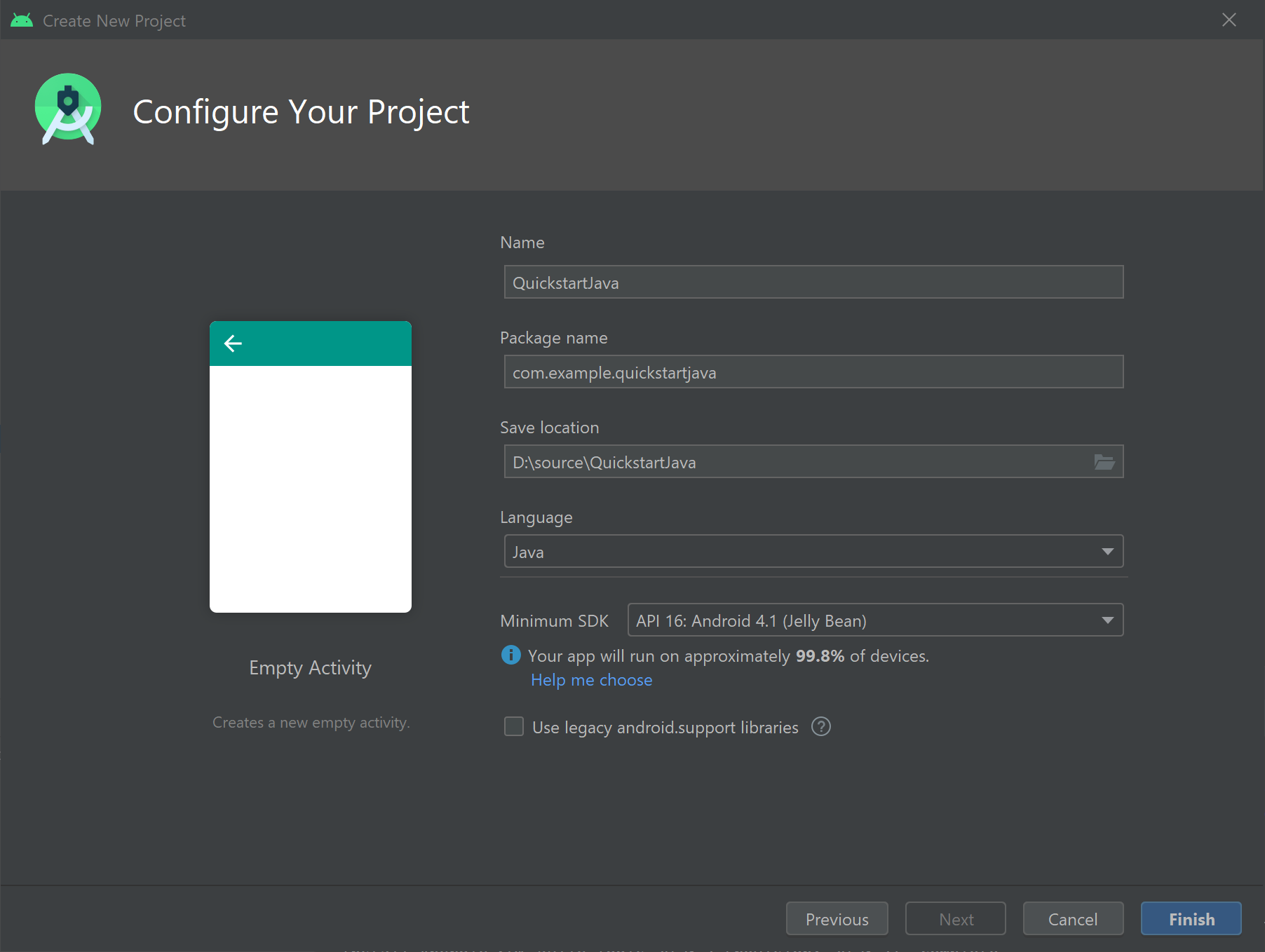 Screenshot of the Configure project window in Android Studio.