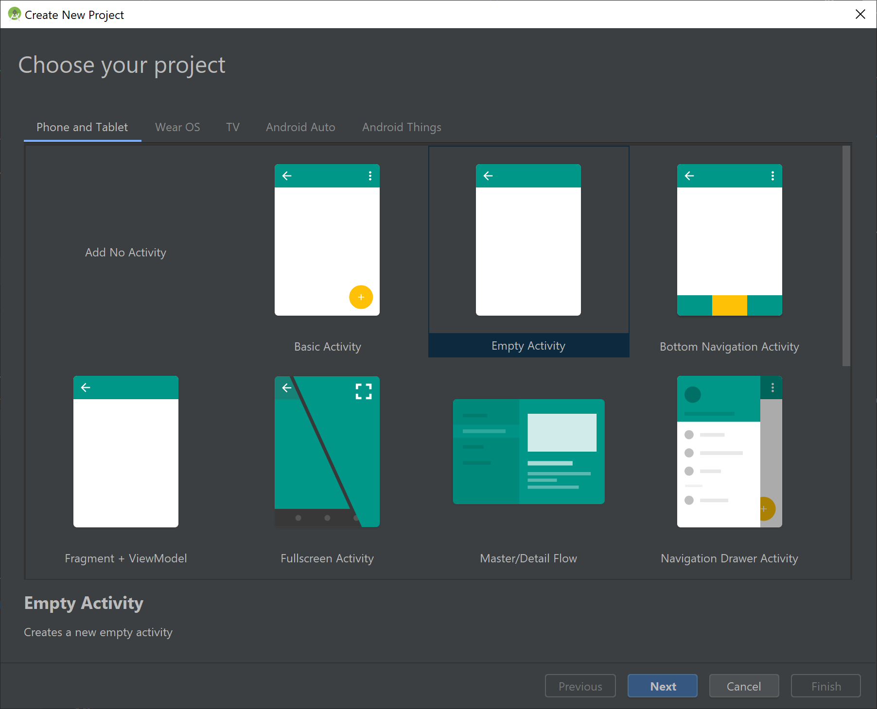 Screenshot of the Templates window in Android Studio.