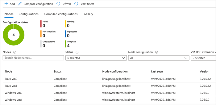 Screenshot der DSC-Konformitätsergebnisse im Azure-Portal.