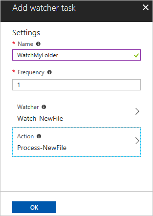 Screenshot of configuring watcher action in the Azure portal.