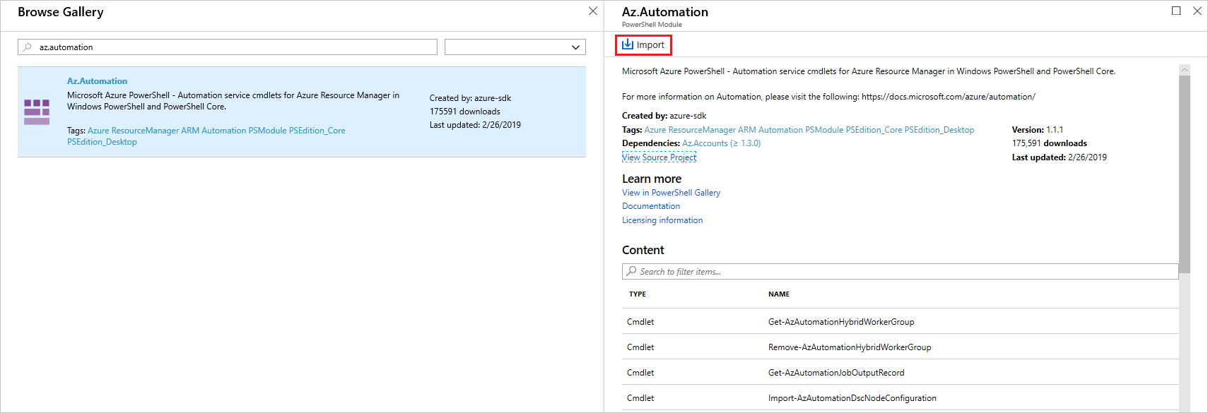 Screenshot: Importieren eines Moduls aus dem PowerShell-Katalog über das Azure-Portal