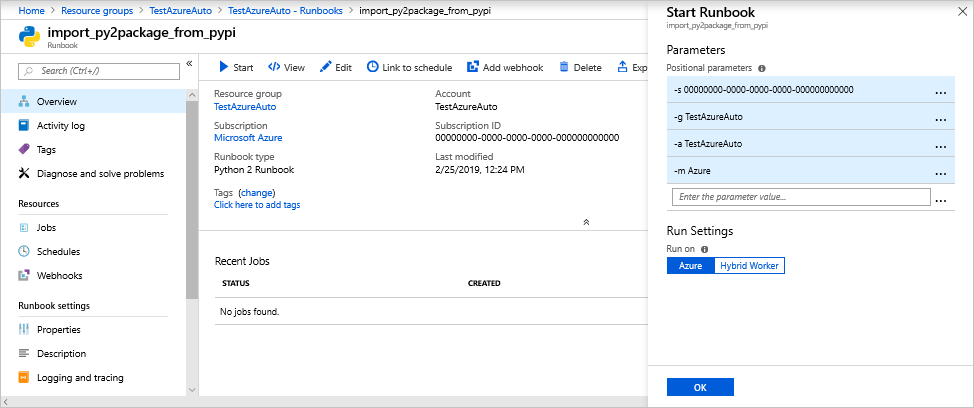 Screenshot der Seite „Überblick“ für import_py2package_from_pypi mit dem Bereich „Runbook starten“ auf der rechten Seite