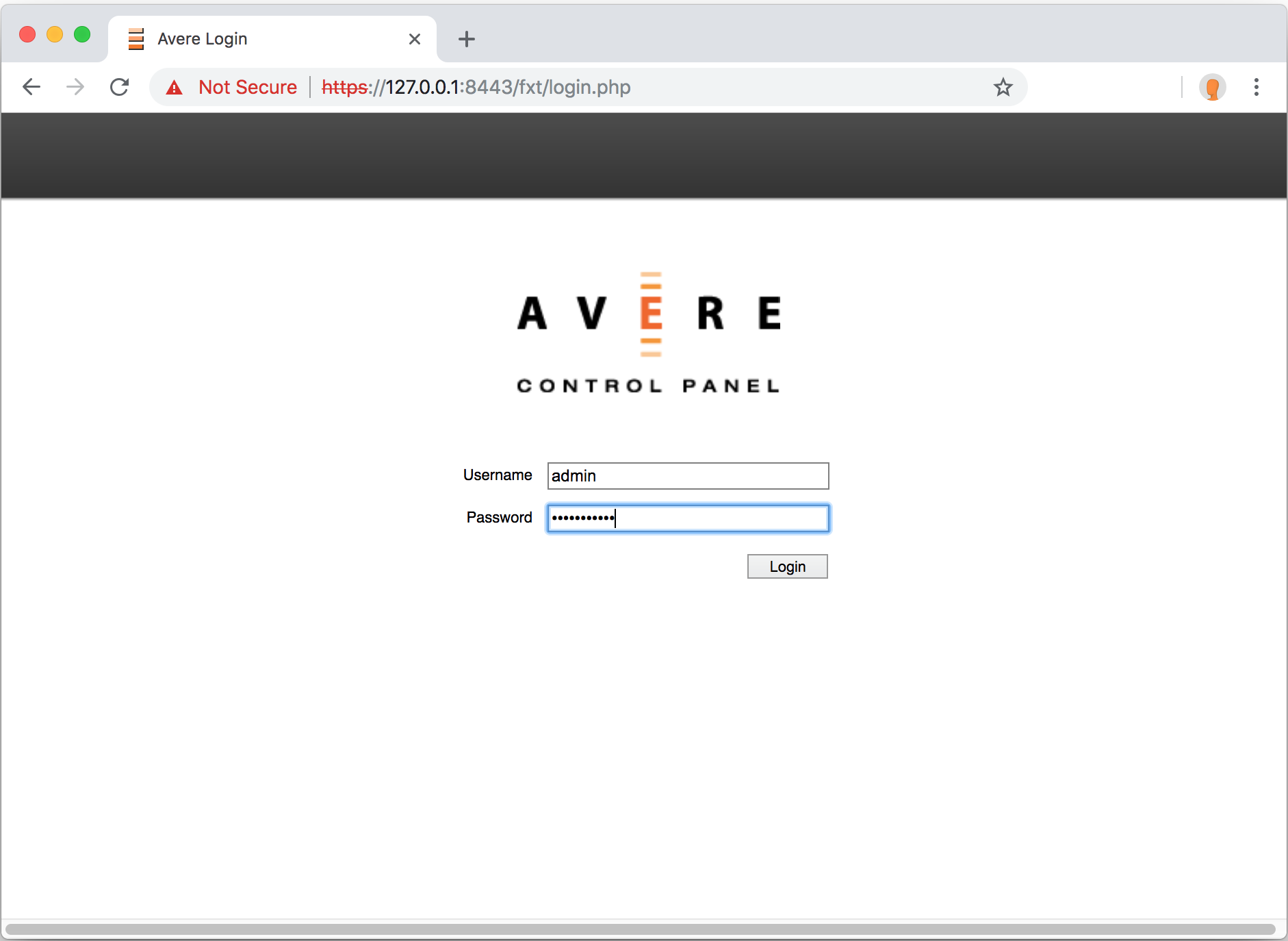 Screenshot of the Avere sign in page populated with the username 'admin' and a password