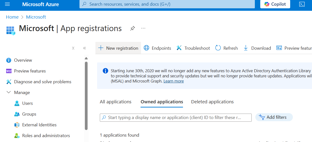Screenshot der neuen Registrierungsoption oben auf der Anwendungsregistrierungsseite.