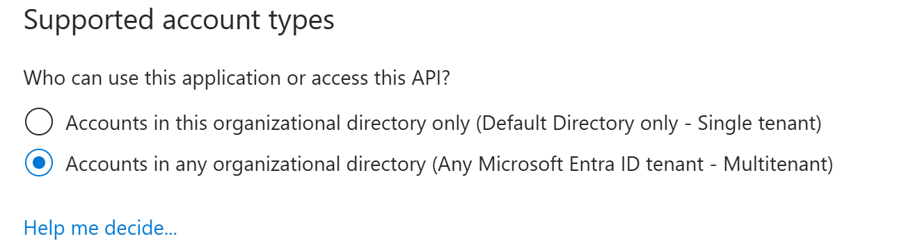 Screenshot, der die Optionen für die unterstützten Kontotypen mit der letzten ausgewählten Option zeigt.