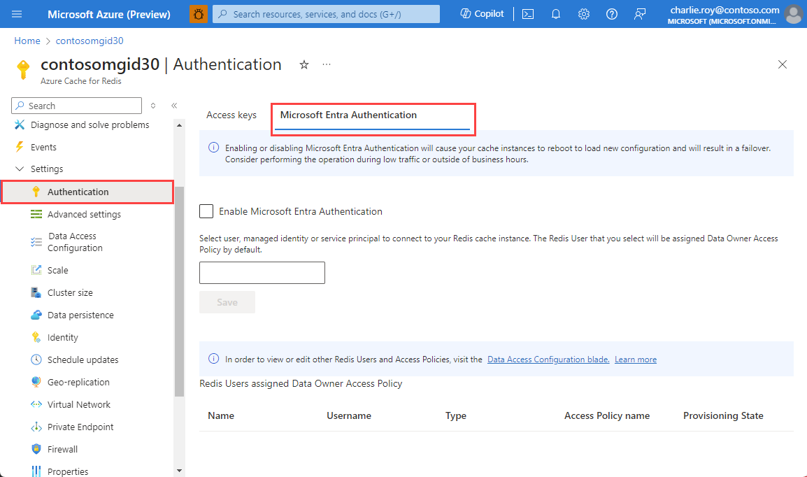 Screenshot der im Ressourcenmenü ausgewählten Authentifizierung und Microsoft Entra ID im Arbeitsbereich.
