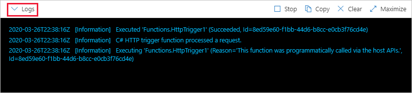 Functions log viewer in the Azure portal.