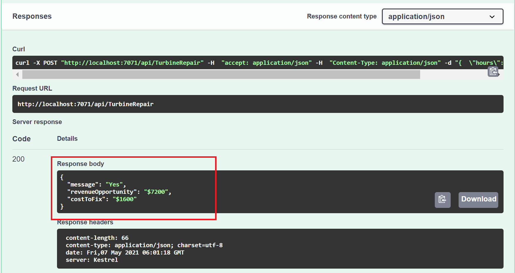 Antwort-JSON-Daten aus der TurbineRepair-Funktion.