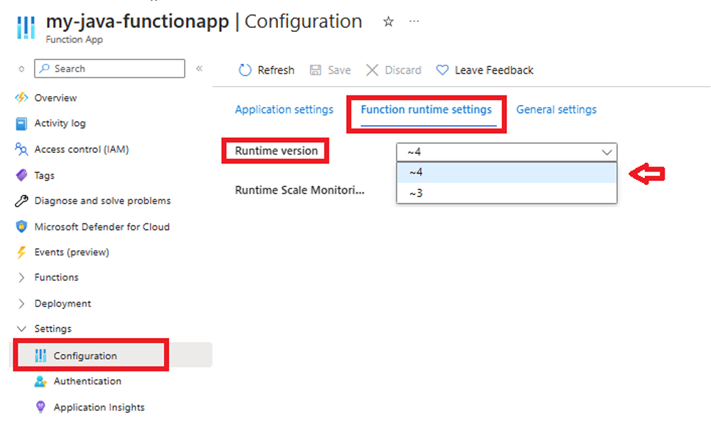 Screenshot of how to view the Functions runtime version for your app in the Azure portal.