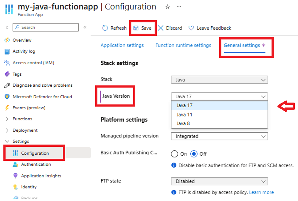 Screenshot of how to set the desired Java version for a function app in the Azure portal.