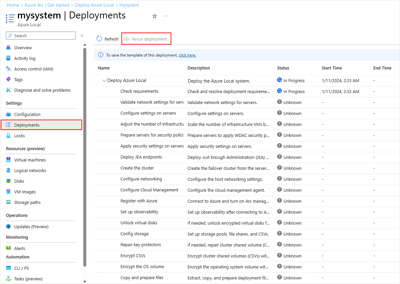 Screenshot zum Erneuten Ausführen einer fehlgeschlagenen Bereitstellung über Azure-Portal.