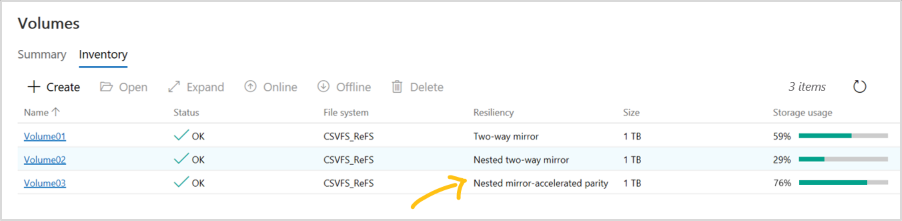 Volumenverwaltung im Windows Admin Center.