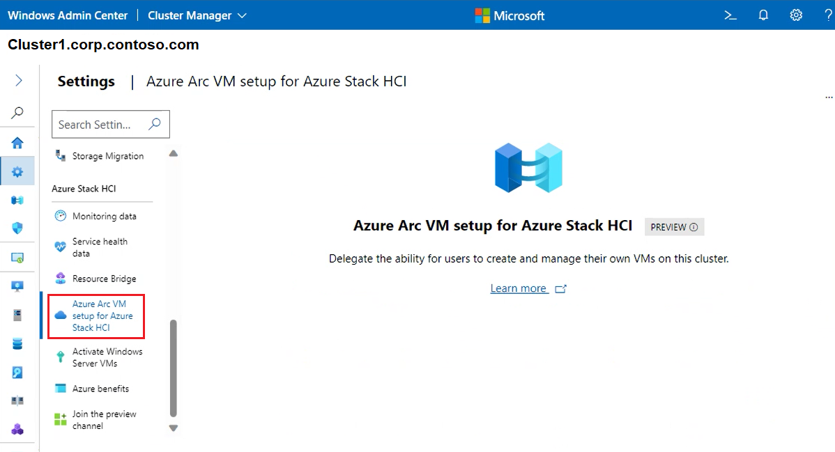 Screenshot des Azure Arc VM-Clusterbildschirms.