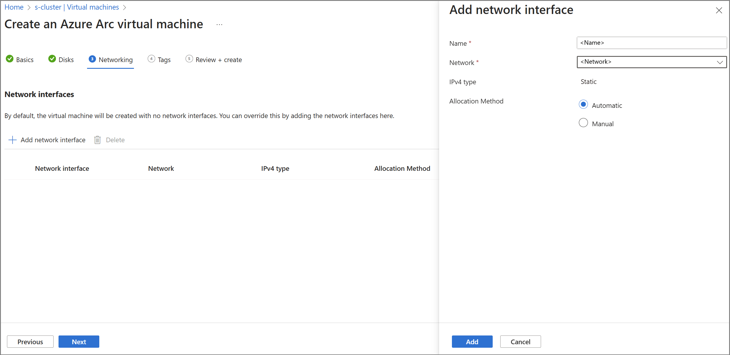 Screenshot der Netzwerkschnittstelle, die während der Erstellung einer VM hinzugefügt wurde.