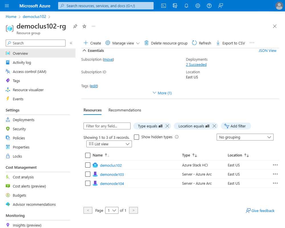 Screenshot der Clusterressourcen.