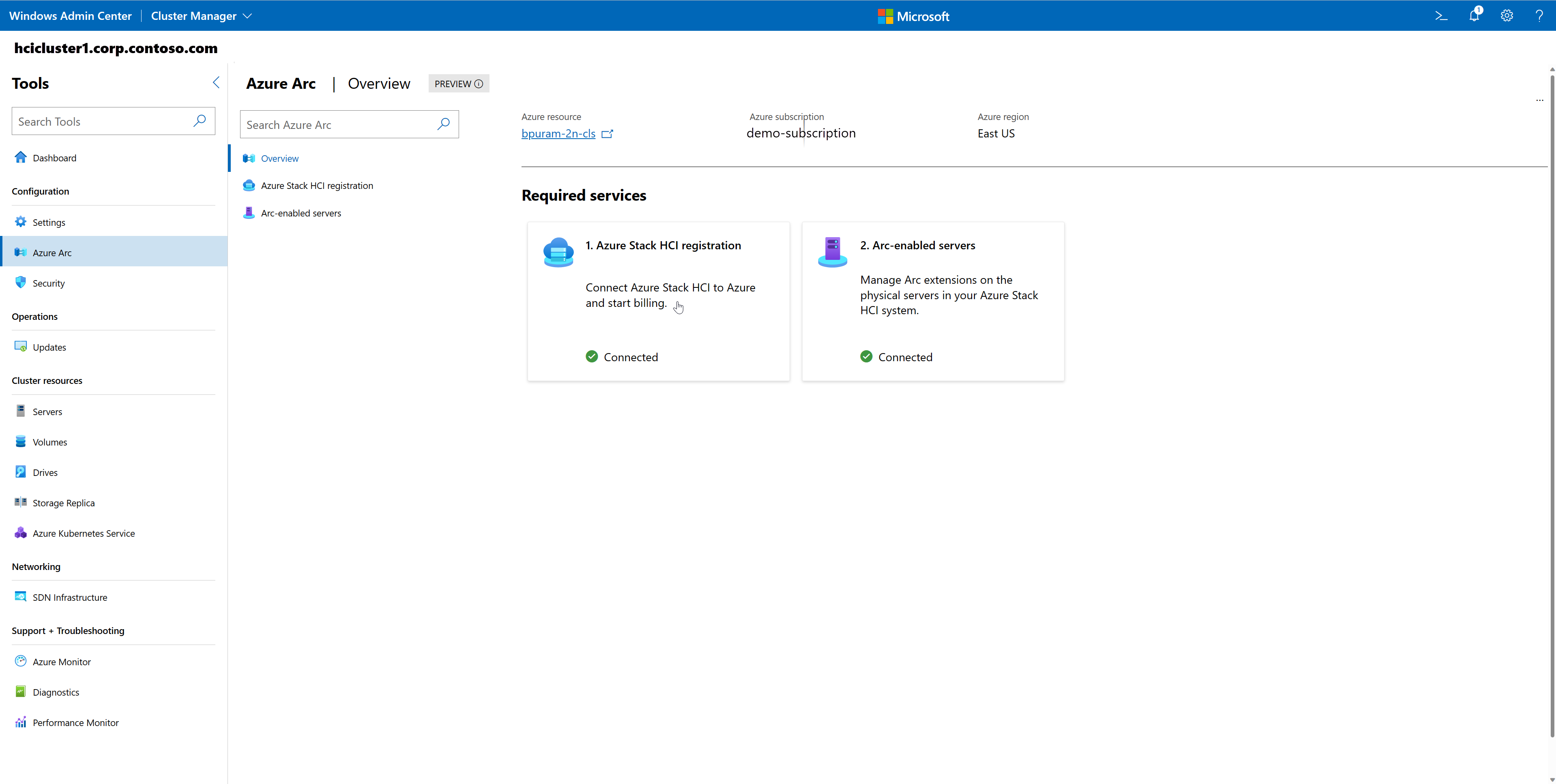 Screenshot der Auswahl zum Abrufen von Azure Stack HCI-Registrierungsinformationen.