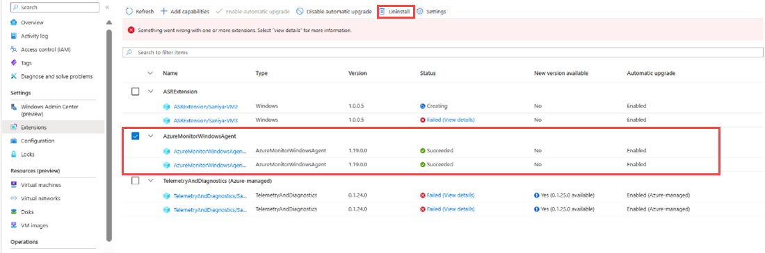 Screenshot, der AzureMonitorWindowsAgent zum Deinstallieren von AMA zeigt.