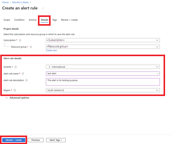 Screenshot der Aktionsdetails für Warnungen.