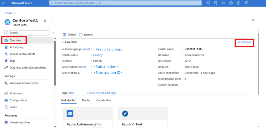 Screenshot des JSON-Ansichtslinks zum Suchen von ClusteArmId.