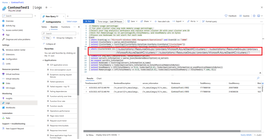 Screenshot einer Abfrage zum Anzeigen von Protokollen für mehrere Cluster.