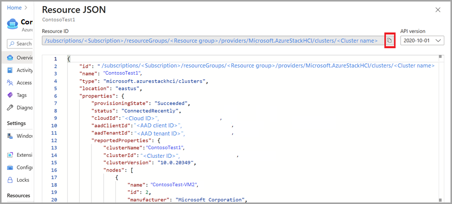 Screenshot der Ressourcen-JSON-Seite zum Kopieren von ClusteArmId-Informationen.