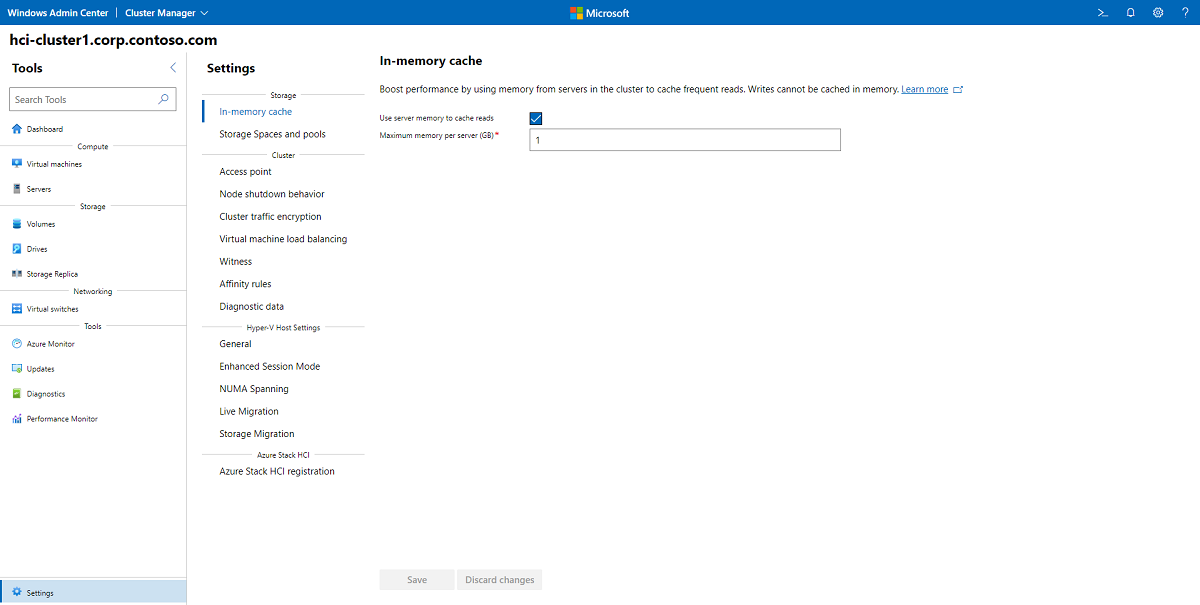 In Windows Admin Center aktivieren bzw. deaktivieren Sie den Cache über ein Kontrollkästchen. Außerdem können Sie den maximalen Arbeitsspeicher pro Server angeben, der dem Cache zugeordnet werden soll.
