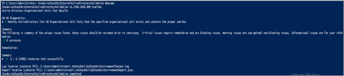 Screenshot eines übergebenen Berichts nach dem Ausführen des Active Directory-Validators.