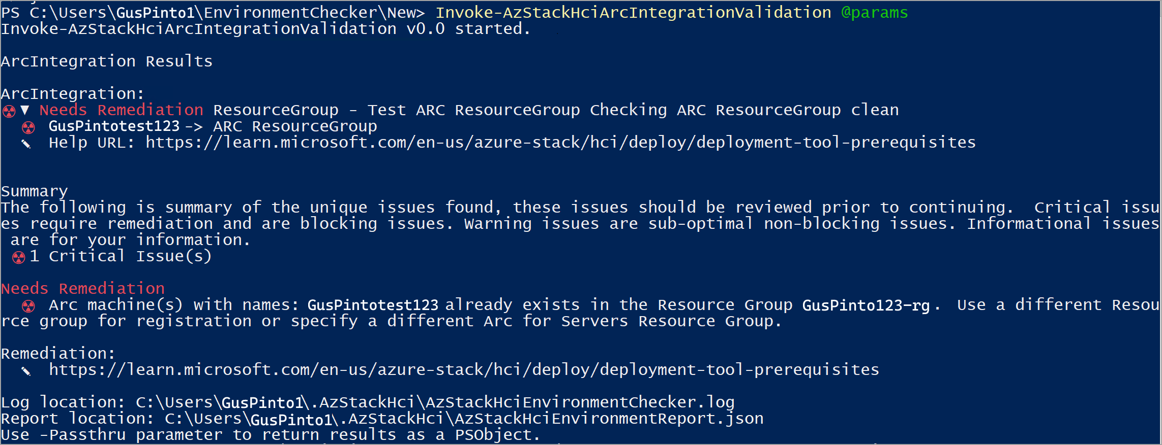 Screenshot eines fehlgeschlagenen Berichts nach dem Ausführen der Arc-Integrations validator.