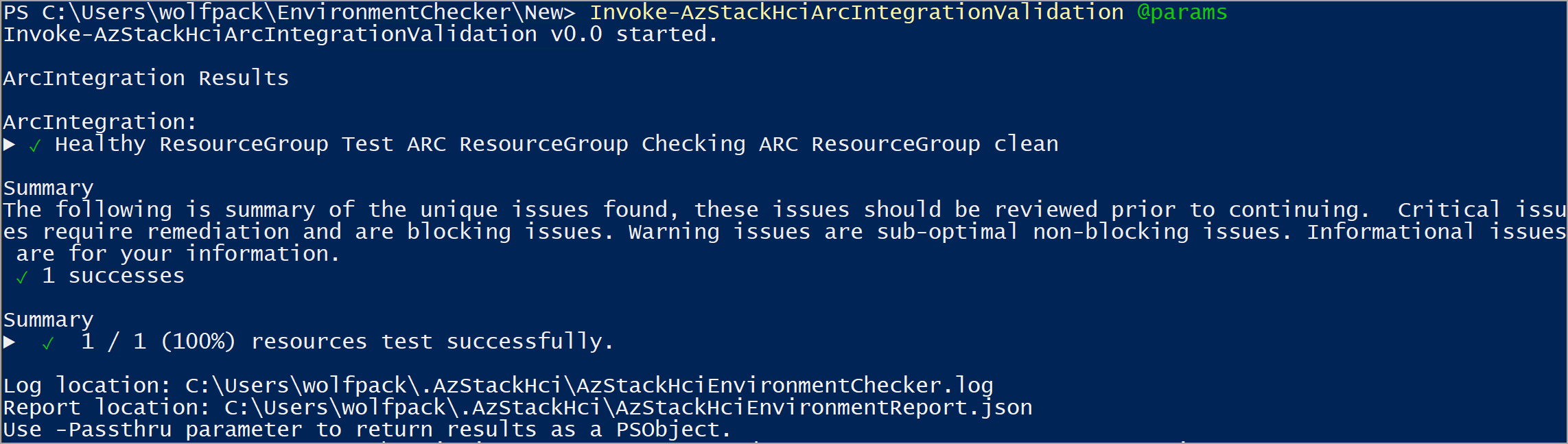Screenshot eines übergebenen Berichts nach dem Ausführen der Arc-Integrations validator.