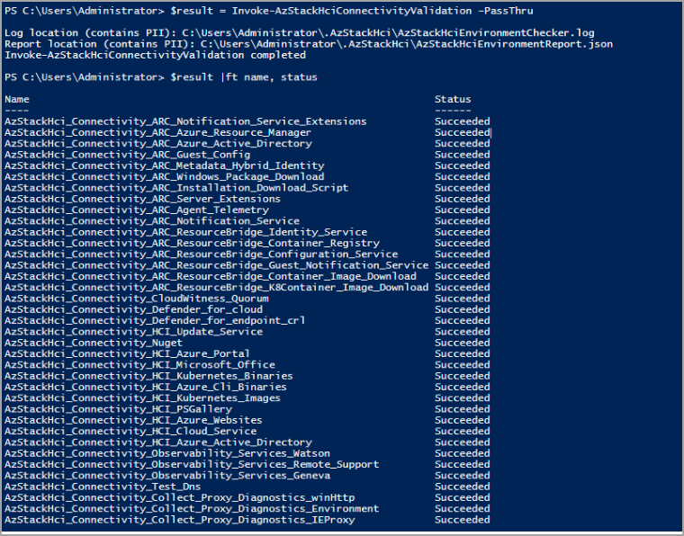 Screenshot eines übergebenen Konnektivitäts-Validatorberichts für den PassThru-Parameter.