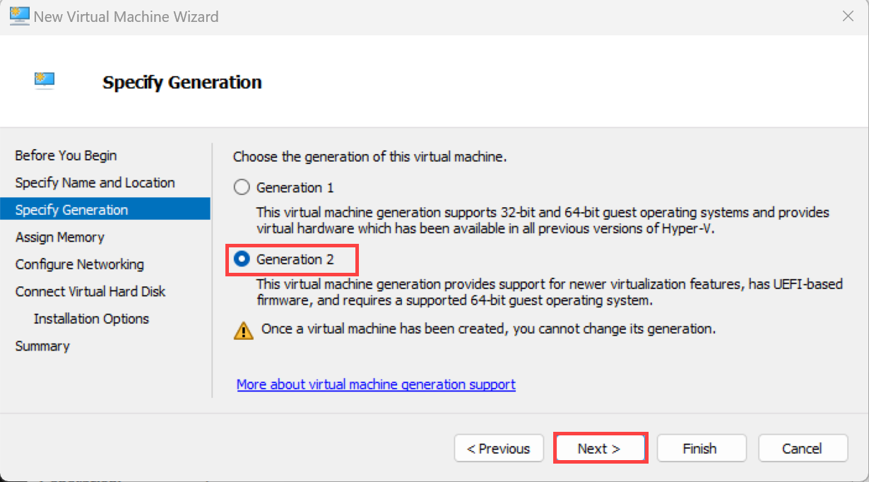 Screenshot des Assistenten für neue virtuelle Computer auf der Seite