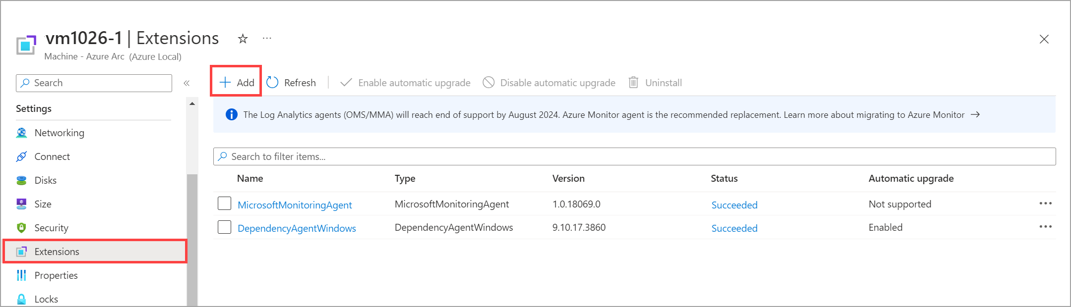 Screenshot mit dem Befehl zum Hinzufügen einer Erweiterung auf dem ausgewählten virtuellen Azure Arc-Computer.