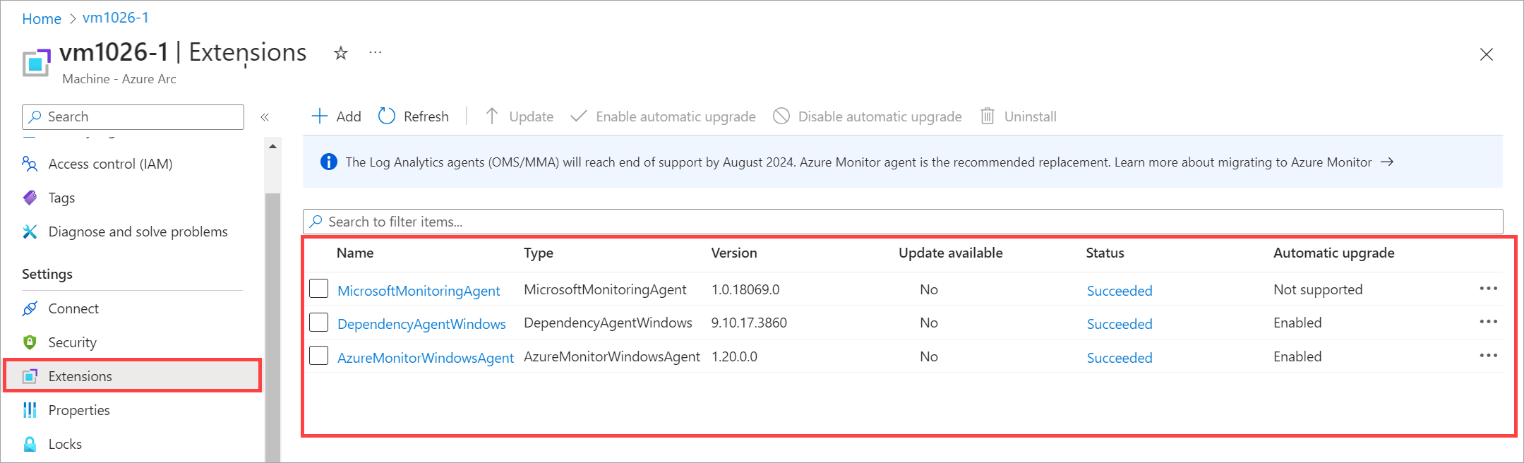 Screenshot mit der Liste der installierten Erweiterungen für den ausgewählten virtuellen Azure Arc-Computer.
