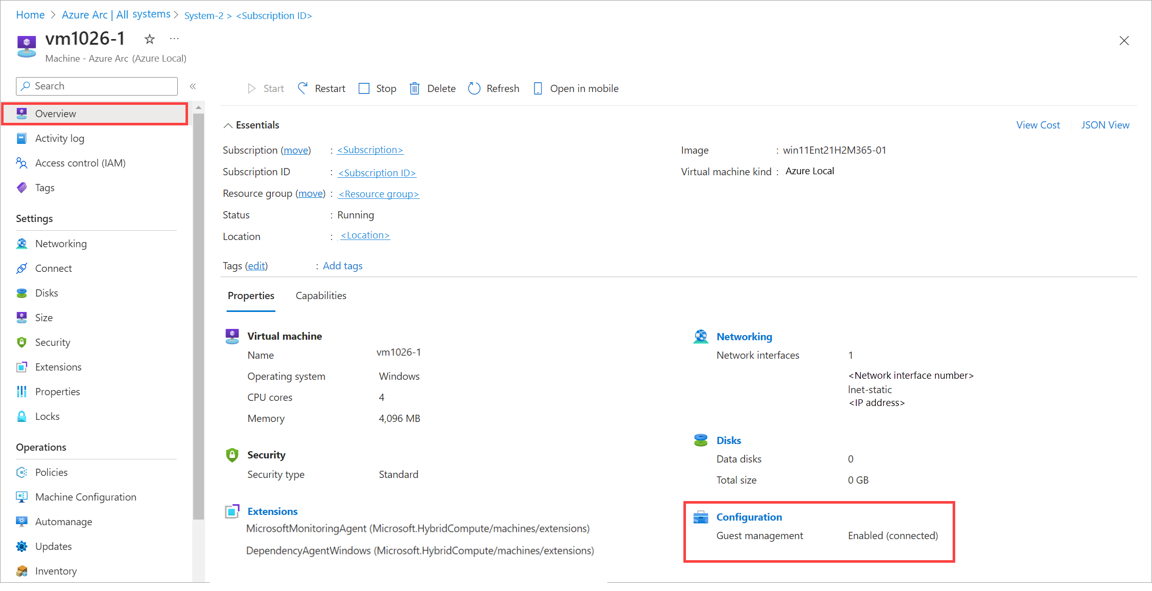 Screenshot mit aktivierter Gastverwaltung für einen ausgewählten virtuellen Azure Arc-Computer.